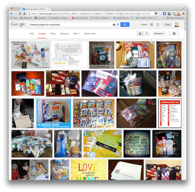 Screen Shot of Google Image Search on "blessing bags for homeless"