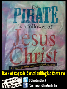 Back of Captain ChristianBlogR's Costume (This Pirate is a follower of Jesus Christ)