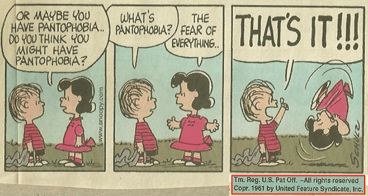 Pantophobia or Panophobia or Omniphobia - Fear of everything - Lucy from the Peanuts shares that is the problem Charlie Brown (In A Charlie Brown Christmas) and Linus (In the comic strips) has. 