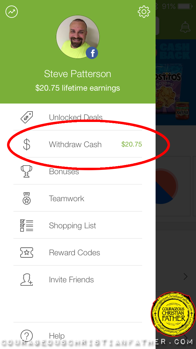 screenshot of Ibotta App where I earned reward (Withdraw Cash)