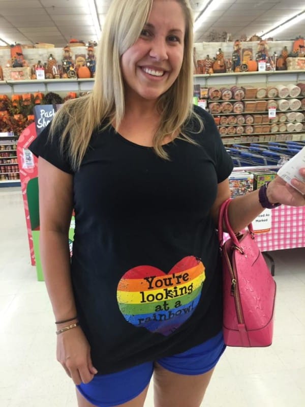 Photo credit: Courtney Mixon - Autumn Safley wears this Rainbow Baby shirt that says "you're looking at a rainbow!"