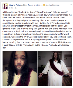 Sasha Paige Facebook Status Screenshot | Student Dresses up like Jesus for Throwback Day at High School