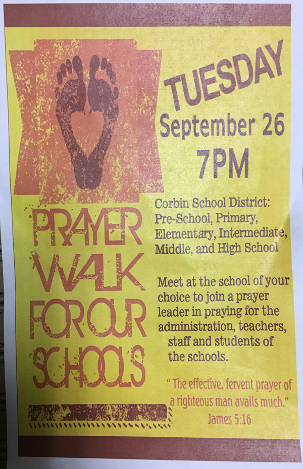 Prayer Walk for our Schools - Corbin, KY - Central Baptist Corbin Flyer