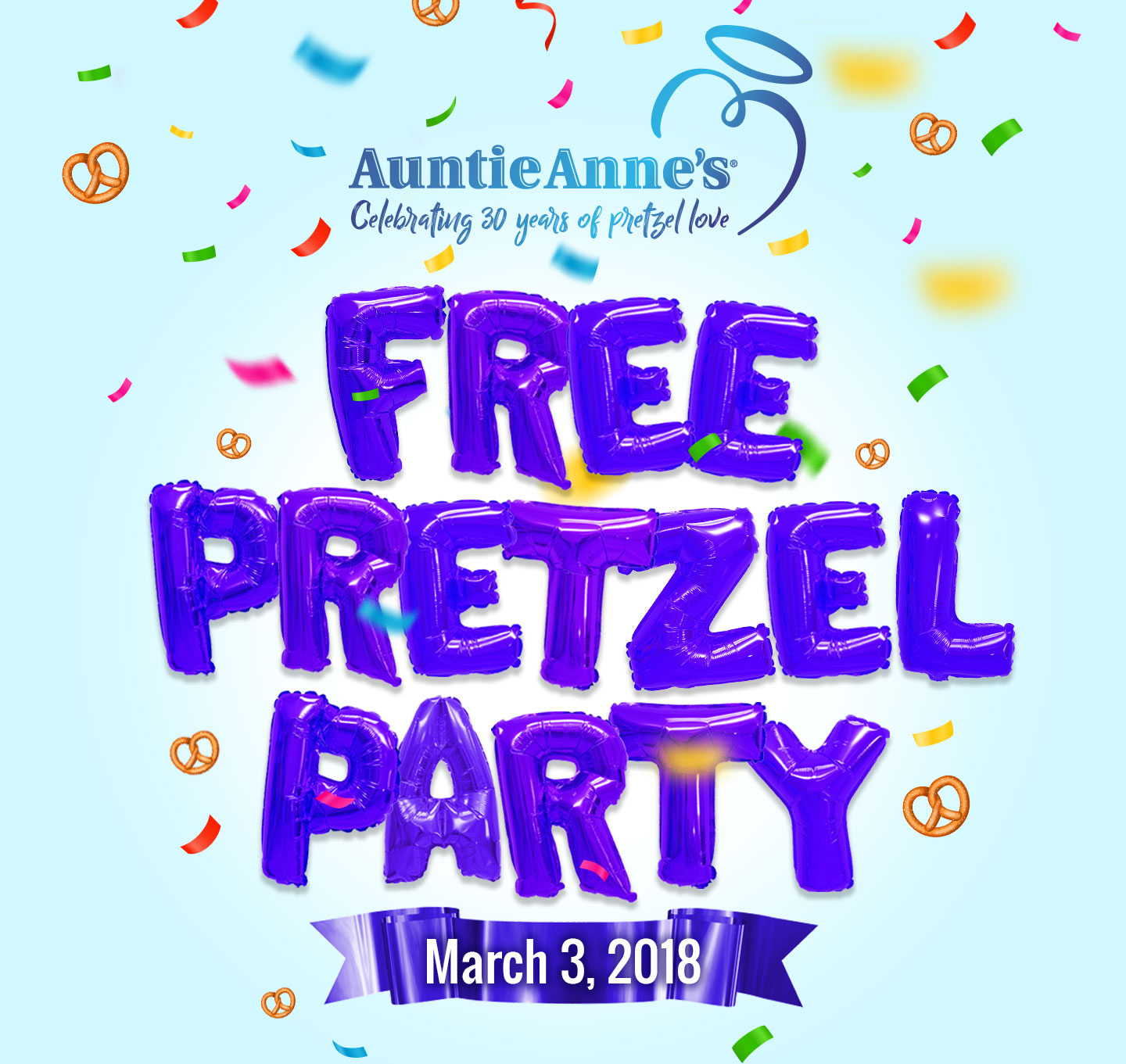 Free Pretzel Party for Auntie Anne’s 30th Birthday - If Auntie Anne's can get one million RSVP's they will give away one free pretzel to everyone. Let's help them get one million! #HBDAuntieAnnes