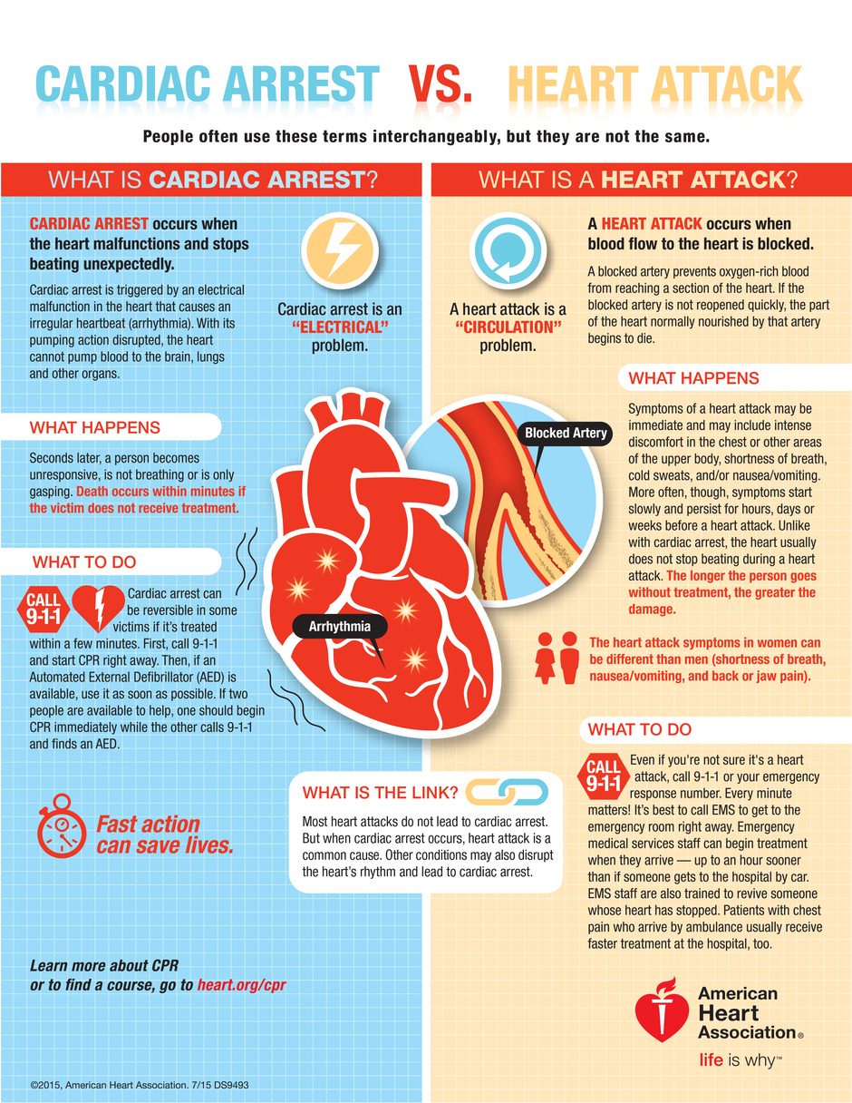 Cardiac Arrest vs. Heart Attack - Know the difference between these two that deals with the heart. People often use these terms interchangeably, but they are not the same. #CardiacArrest #HeartAttack (Infographic)