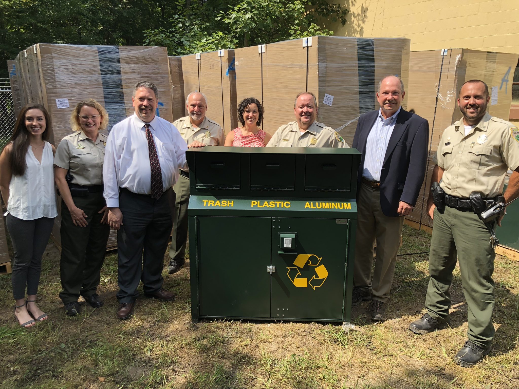 Tennessee State Parks Offers More Recycling Options for Visitors - Visitors at Tennessee State Parks now have more recycling options thanks to new bins delivered this month to all 56 parks. Pictured L-R: Kelsey Davis; Robin Peeler, Tennessee State Parks Area Manager; Larry Christley; Pat Wright, Montgomery Bell State Park Manager; Dr. Kendra Abkowitz Brooks, TDEC assistant commissioner; Mike Robertson, Tennessee State Parks Director of Operations; Brock Hill; Scott Ferguson, Montgomery Bell State Park Ranger
