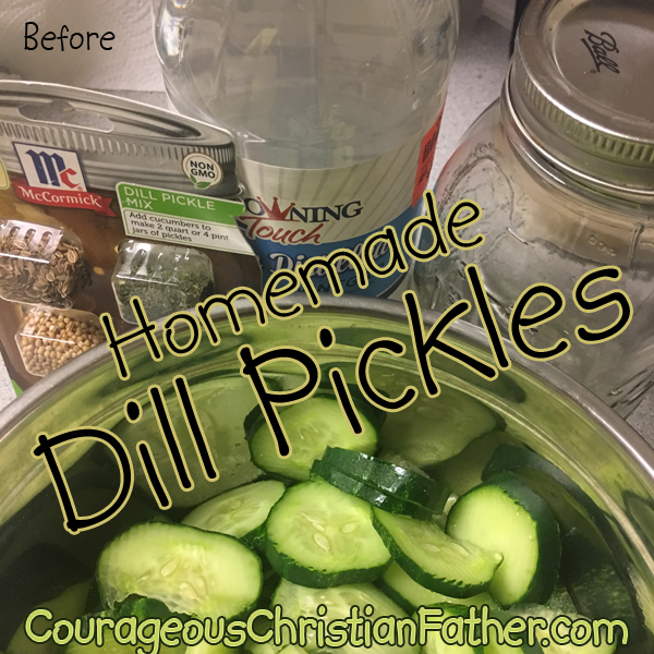 Homemade Dill Pickles Before - McCormic Dill Pickle Mix, Vinegar, Pickling Cucumbers Sliced and a mason jar. 