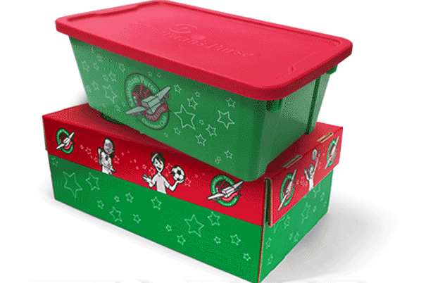 Operation Christmas Child Now Has It's Own Plastic Box - Now you can pack your goodies inside a specially printed Operation Christmas Child Plastic Box. Plus their cardboard box has been resigned and is bigger too.