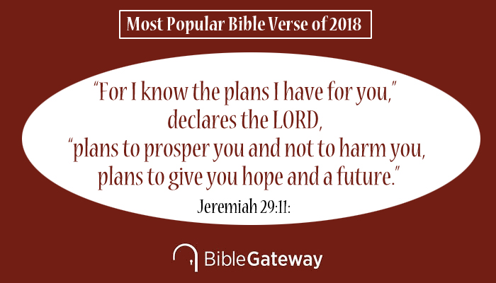 Bible Gateway Announces the Most Popular Bible Verse of 2018 - This Bible verse has more than 2 billion pageviews during 2018. Out of more than 2 billion pageviews conducted by visitors to Bible Gateway during 2018, the most popular verse for the year was Jeremiah 29:11: “For I know the plans I have for you,” declares the LORD, “plans to prosper you and not to harm you, plans to give you hope and a future.”