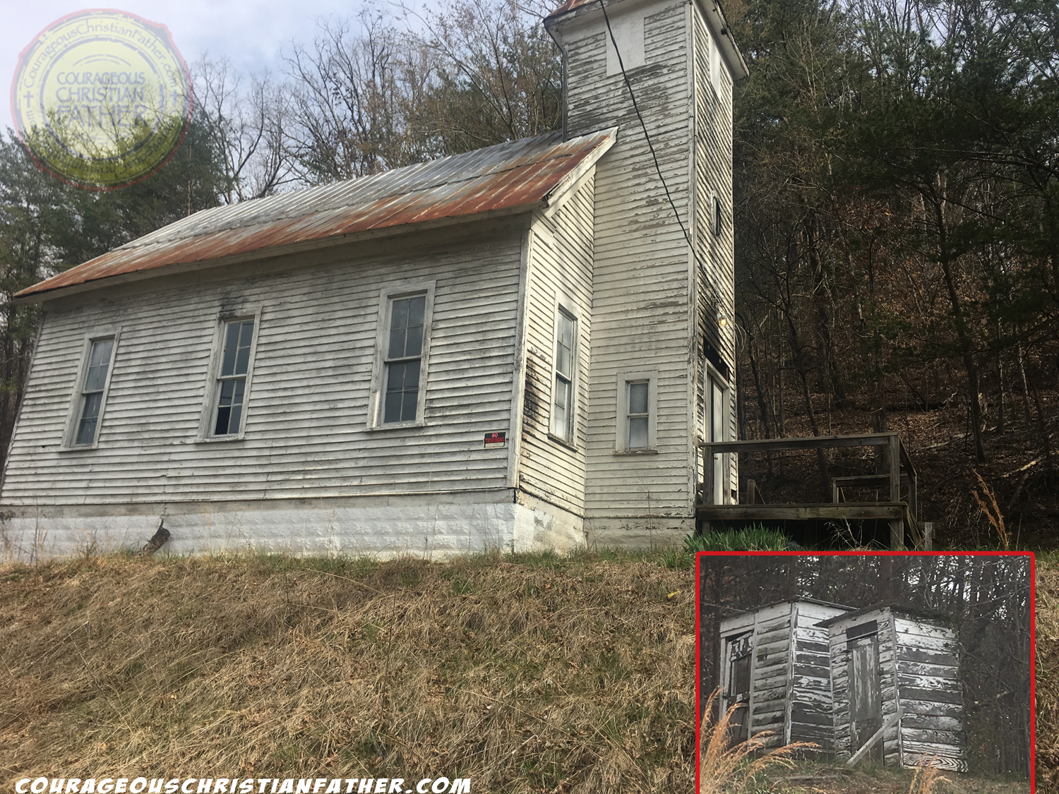 Old Church Building with Outhouses in Bulls Gap, TN