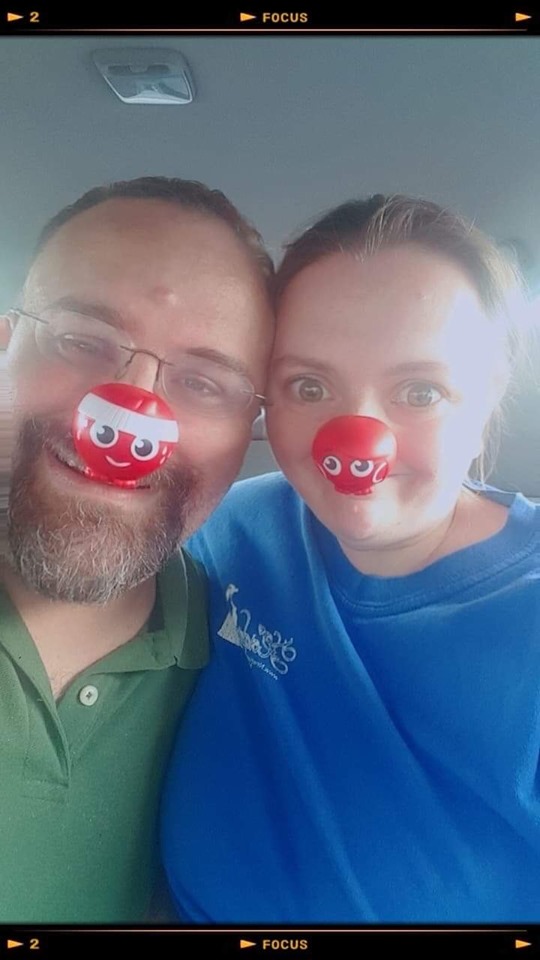 Steve & Heather Patterson with their Hero Red Noses on Red Nose Day 2019 - Red Nose Heroes  (Rusty on Steve & Scarlet on Heather) #RedNose #NosesOn  | Photo Credit: Heather Patterson