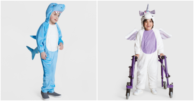 The plush shark and unicorn costumes are designed for kids with sensory sensitivities. Halloween Costumes for those in wheel chairs, sensory issues