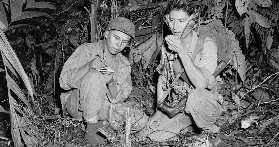 Navajo Indian Code Talkers Henry Bake and George Kirk, December 1943  U.S. Marine Corps, Department of the Navy, Department of Defense (National Navajo Code Talkers Day)