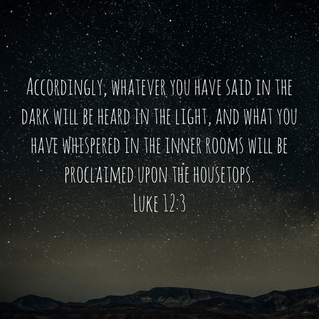 VOTD December 23 - “Accordingly, whatever you have said in the dark will be heard in the light, and what you have whispered in the inner rooms will be proclaimed upon the housetops.” ‭‭Luke‬ ‭12:3‬ ‭NASB‬‬