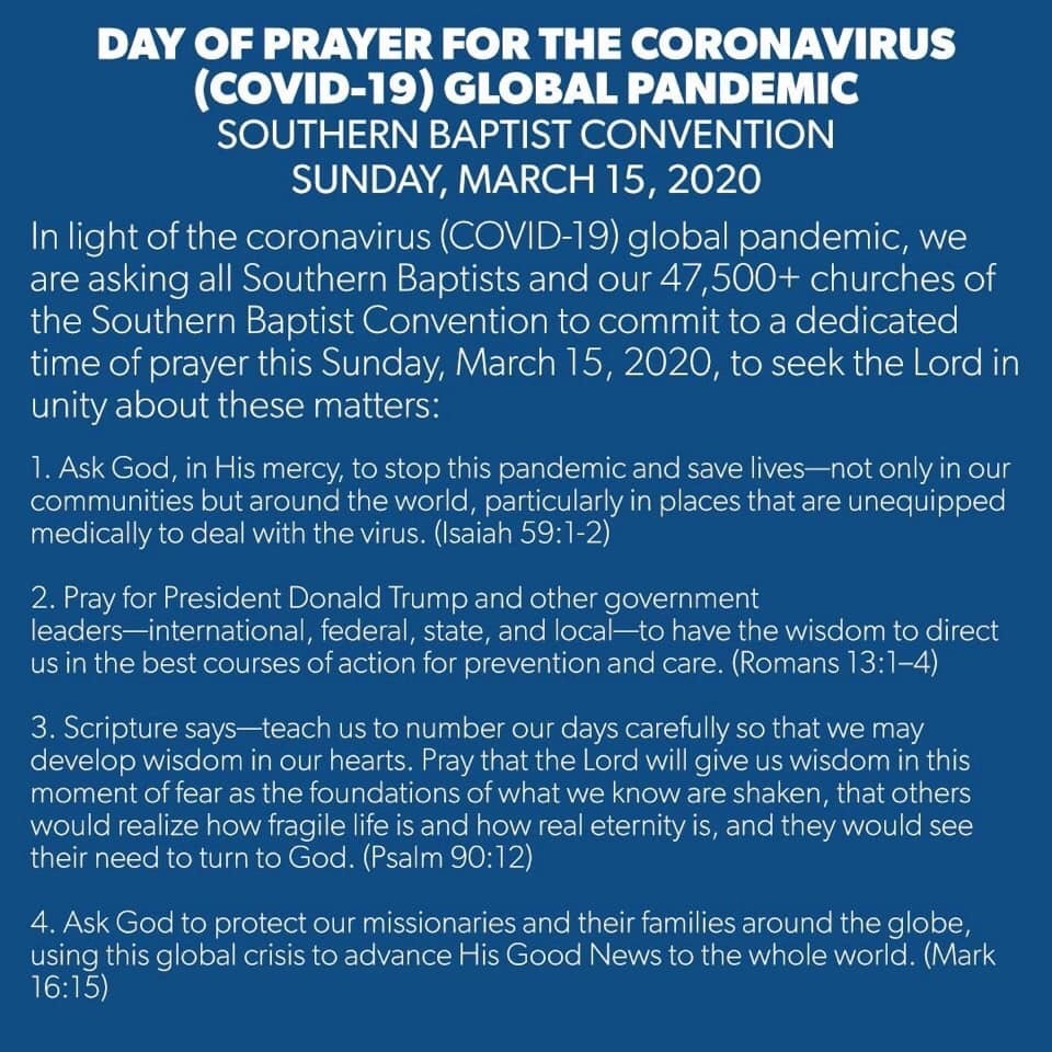 SBC Leadership Calls For Day Of Prayer Against COVID-19 Coronavirus - It is scheduled for March 15, 2020. #Coronavirus #COVID19 #DayofPrayer