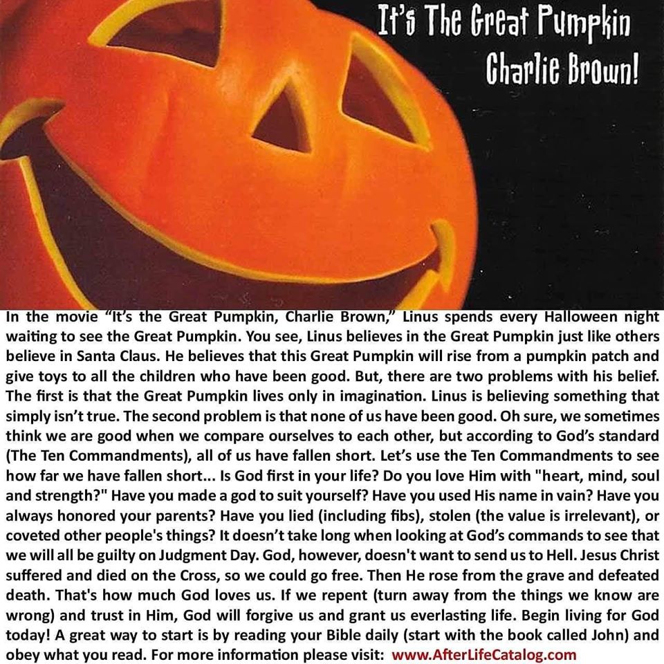 Great Pumpkin Gospel Tract - It's the Great Pumpkin Charlie Brown! 
