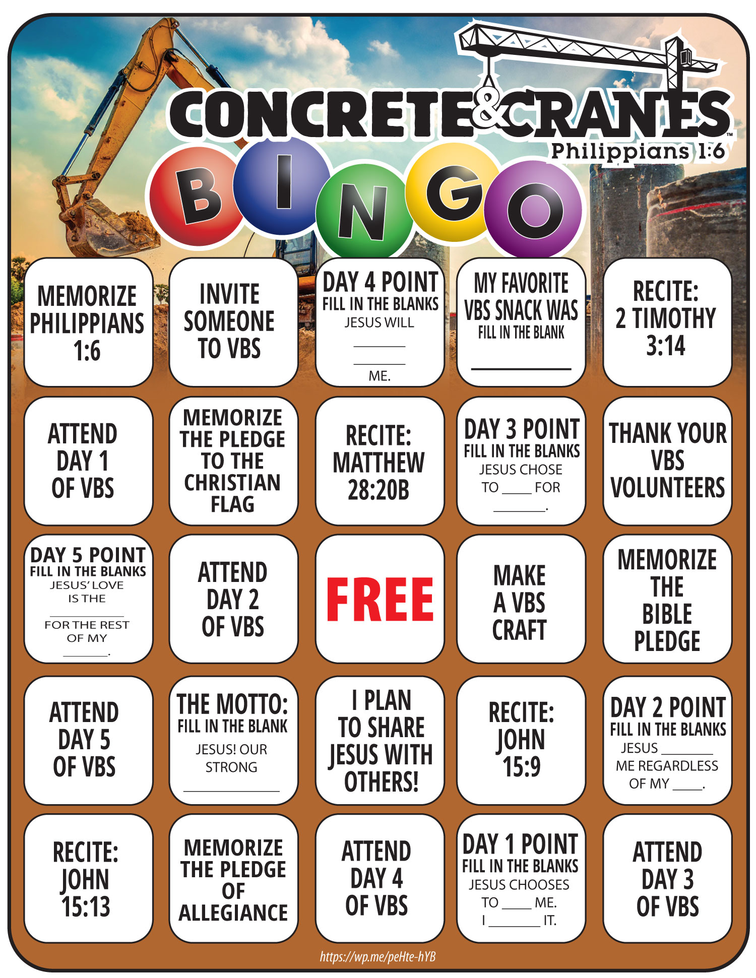 Concrete & Cranes Bingo VBS Printable - Here is a fun bingo printable that goes with the Lifeway's Concrete & Cranes VBS. 