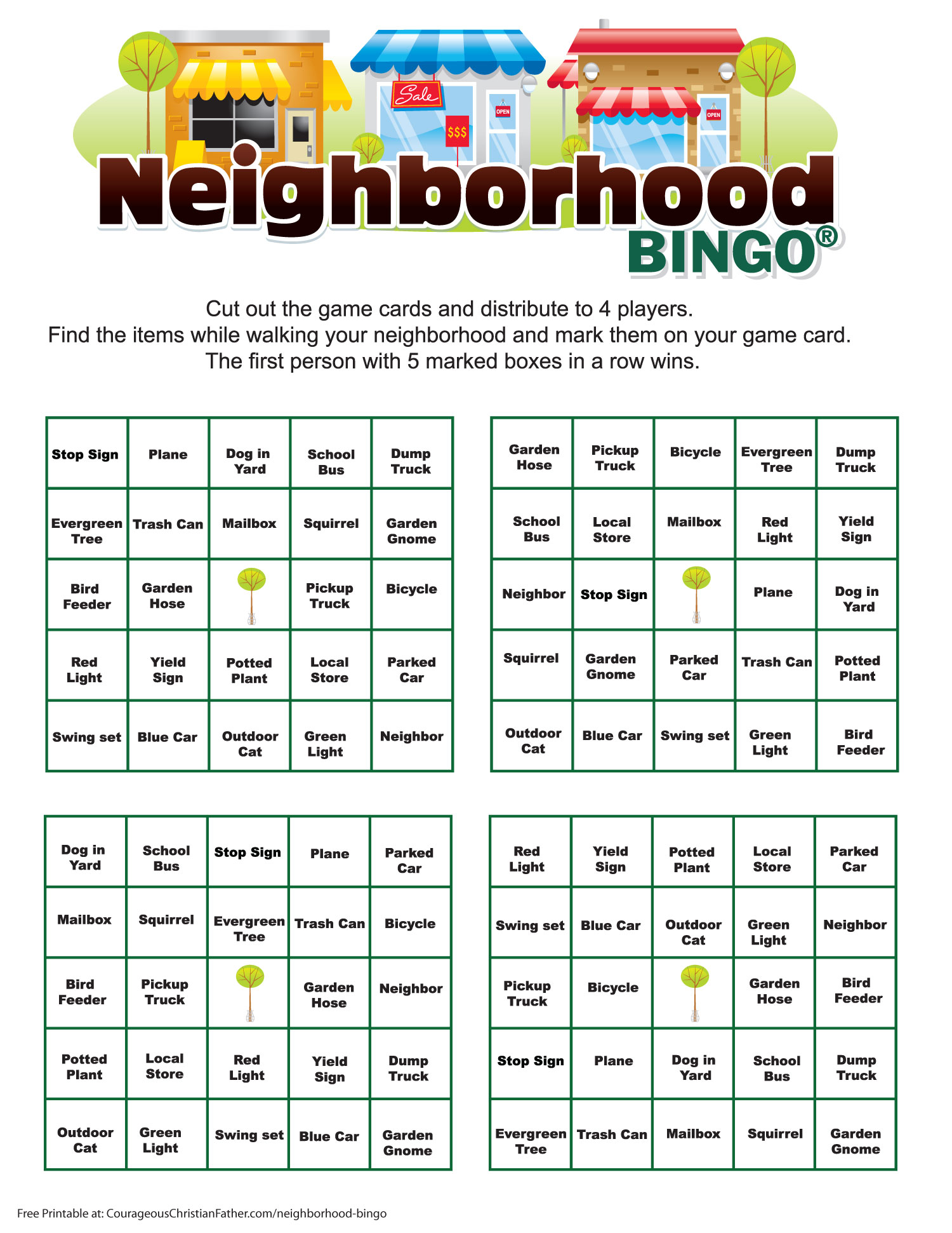 Neighborhood Bingo Printable - A Free bingo printable to do in teams of 4 in your neighborhood. #Bingo #NeighborhoodBingo