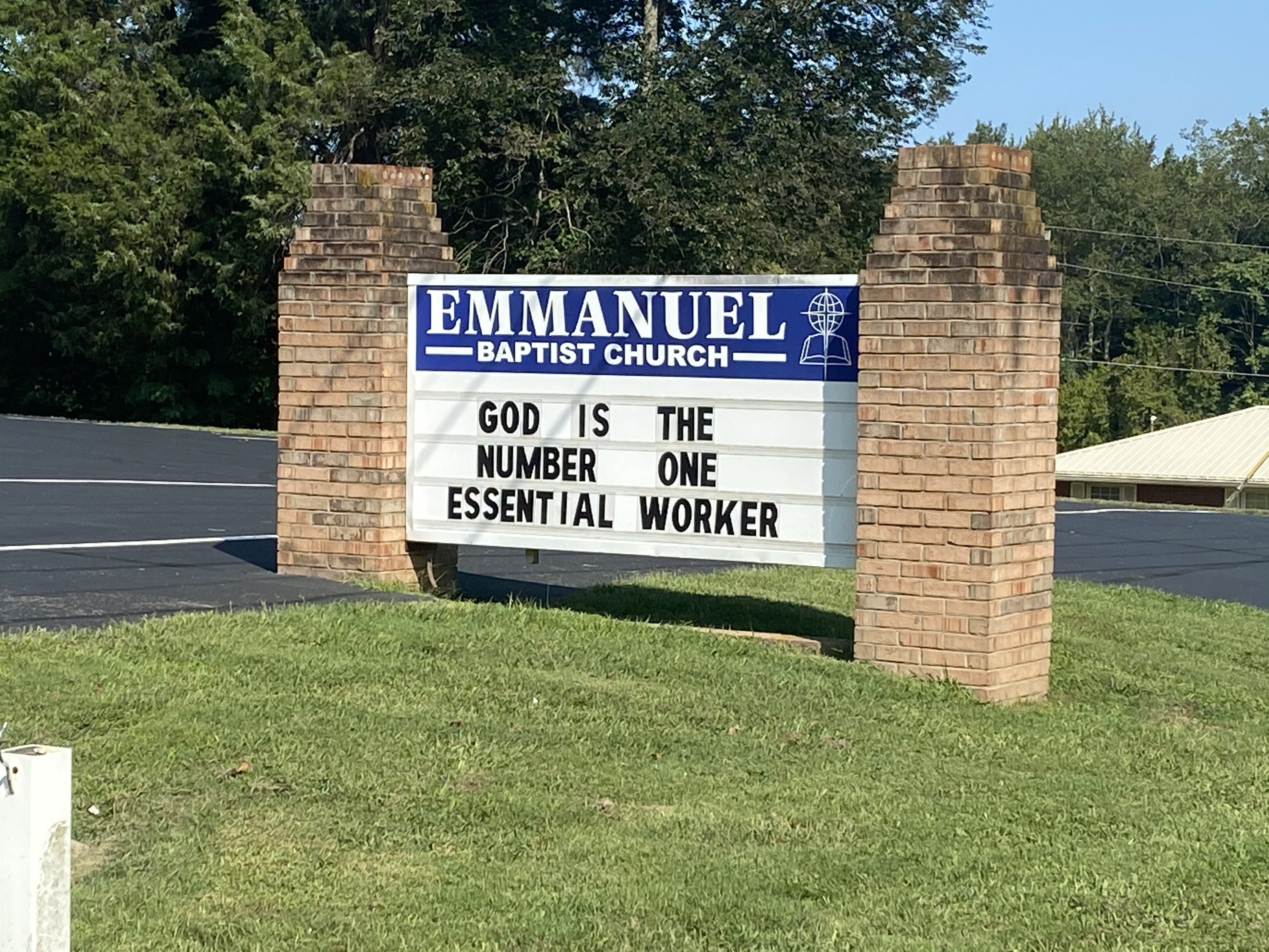 God is the Number One Essential Worker Church Sign - Emmanuel Baptist Church - Buffalo Trail - Morristown, TN