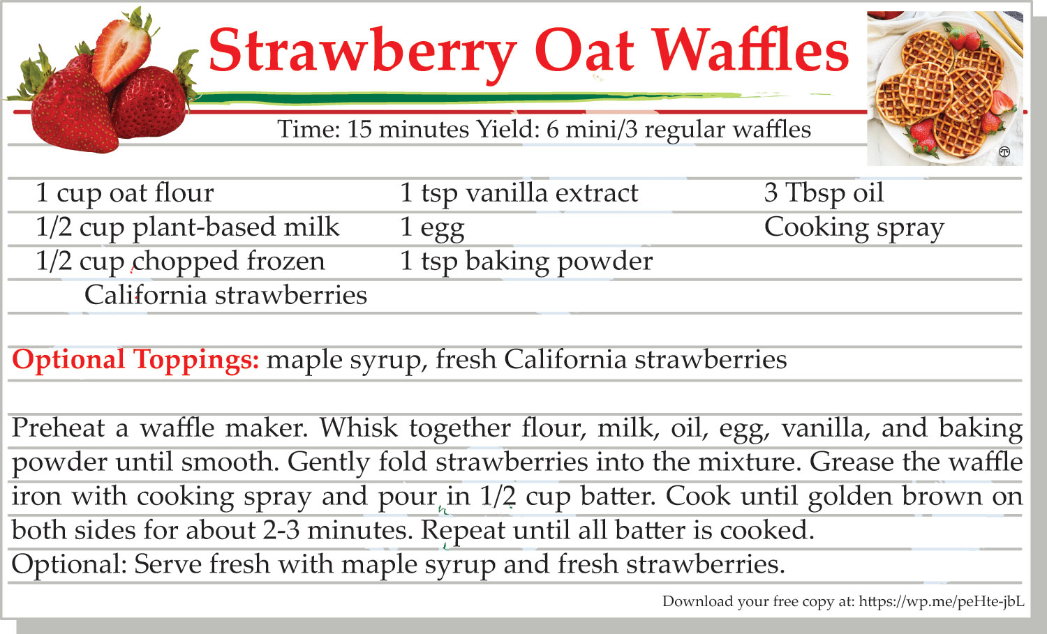 Strawberry Oat Waffles Recipe Card Printable #Strawberries #Waffles