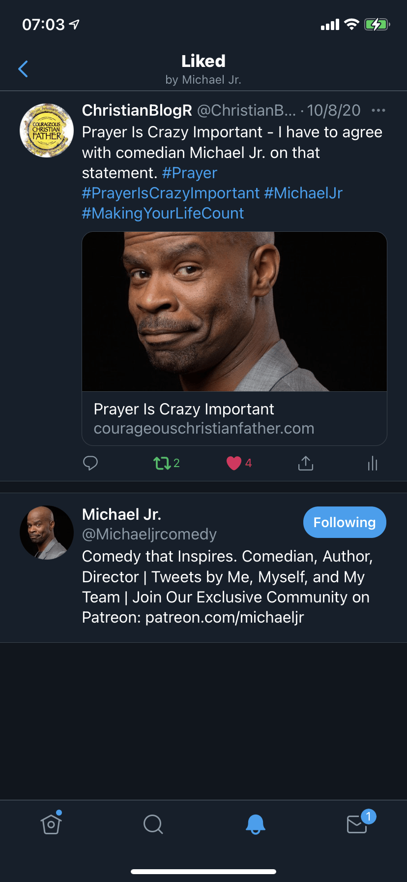 Update! Michael Jr. liked my Tweet! 