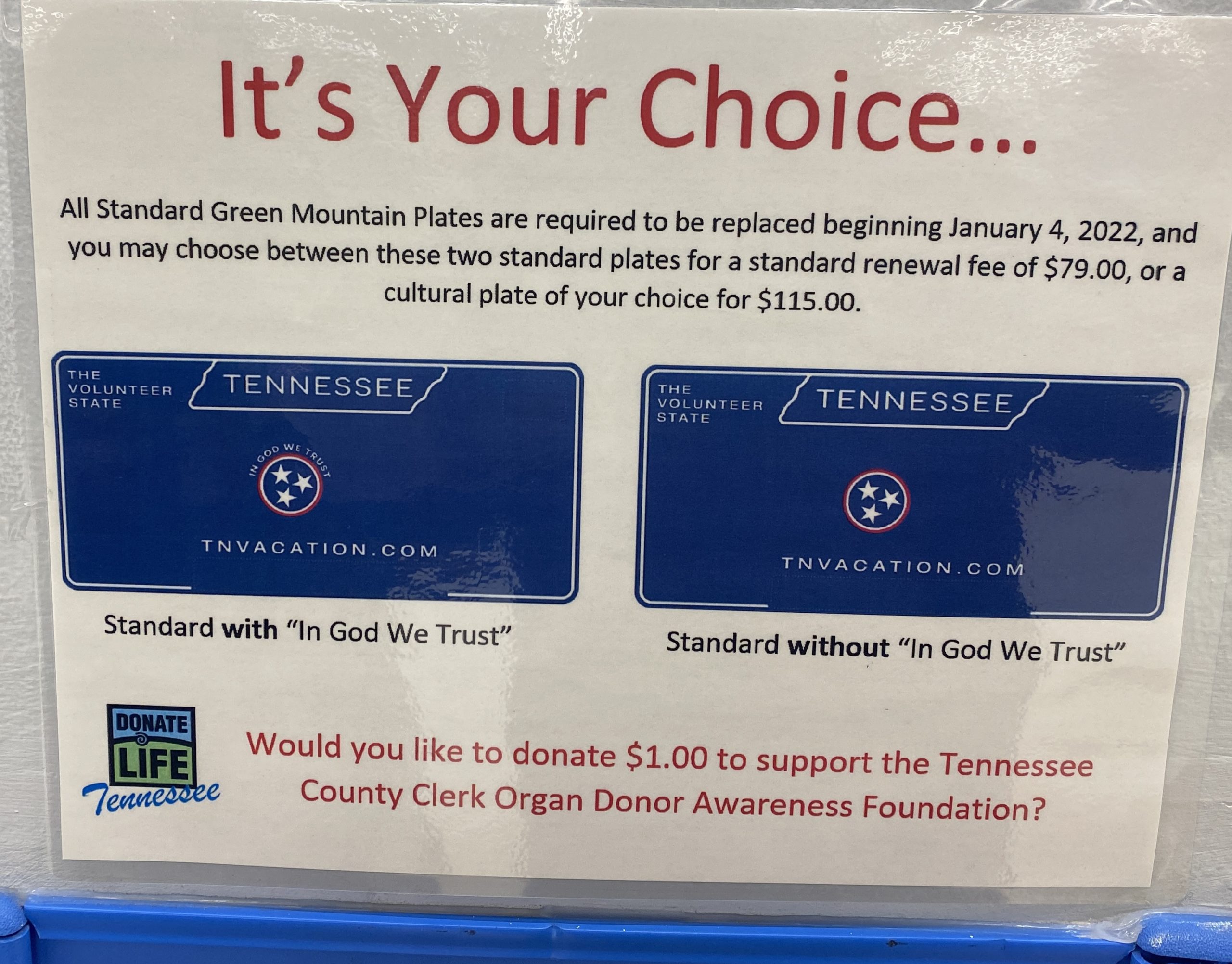 New Tennessee License Plate with or without In God we Trust