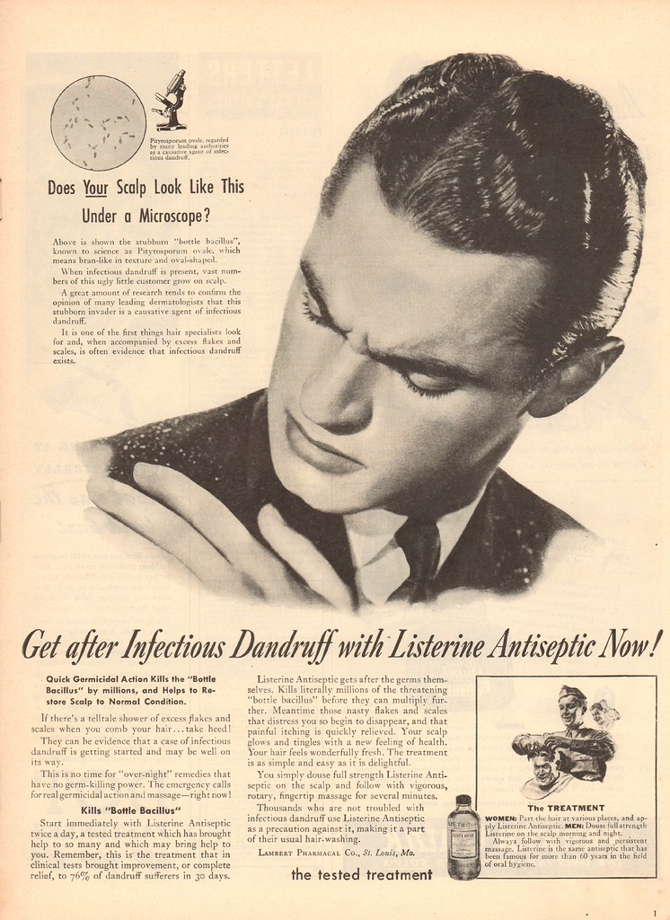 "1945 Listerine Antiseptic for Dandruff Advertisement Life Magazine April 23 1945" by SenseiAlan is licensed under CC BY 2.0