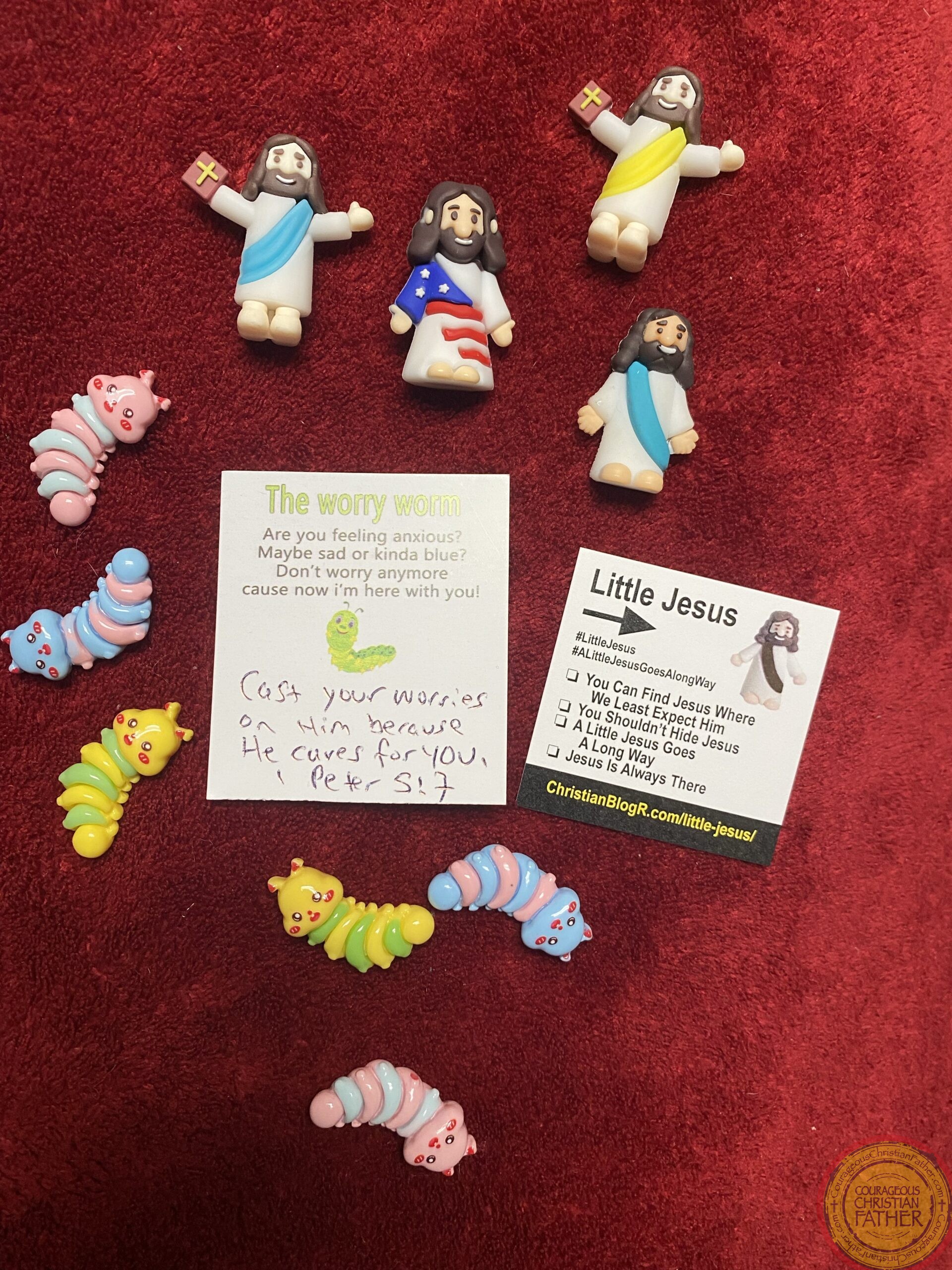 The Worry Worm and a Little Jesus. I cut the bottom of the card off and added a note for 1 Peter 5:7 and placed the worry worm, worry worm card, Little z Jesus card and a Little Jesus all in a mesh bag. ​